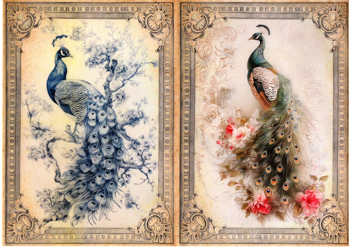 Paper Designs, 2024 Spring Release, Rice Paper Collection, Set of 10, Vintage Birds, Peacock, Background, Shabby Chic, Frames, A4 8.3 X 11.7