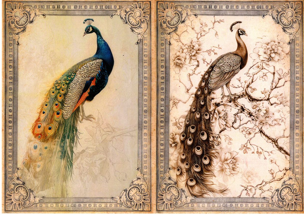 Paper Designs, 2024 Spring Release, Rice Paper Collection, Set of 10, Vintage Birds, Peacock, Background, Shabby Chic, Frames, A4 8.3 X 11.7