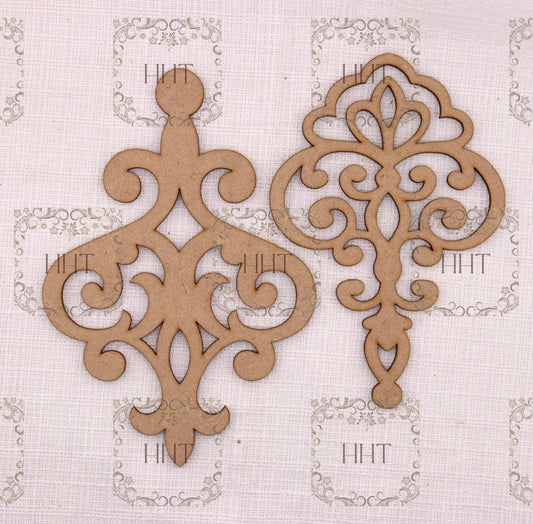 Laser Cut, MDF, Blank, Base, Decoupage, Mixed Media, Vintage Style, Pendants 2 pc set, Embellishments, Decorations, Accent pieces