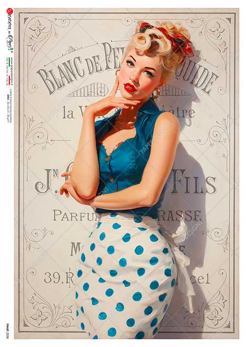 Paper Designs Italian Rice Paper, Pinup Woman Blonde Model in Blue Polka Dot Dress, Decoupage, Mixed  Media, A4