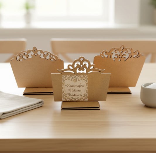 Laser Cut MDF Unfinished Holiday Place Card Holders, Vintage Scrollwork, Set of 3, Decoupage, Mixed Media, DIY Crafts