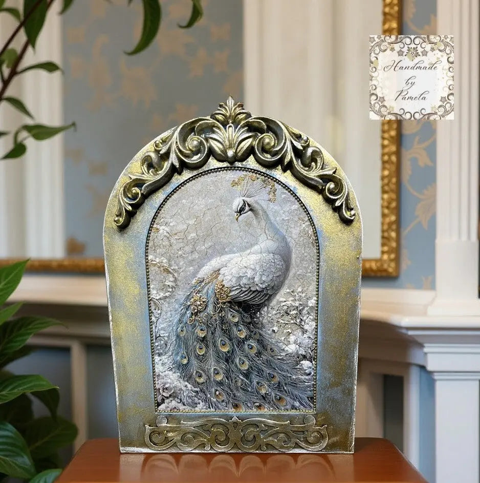 Handcrafted, Decoupage, Mixed Media, Blue Birds or Elegant Peacock, Plaque, Wall Art, Vintage, Shabby Chic Style, 9" x 12.5", Art by Pamela Handmade by Pamela