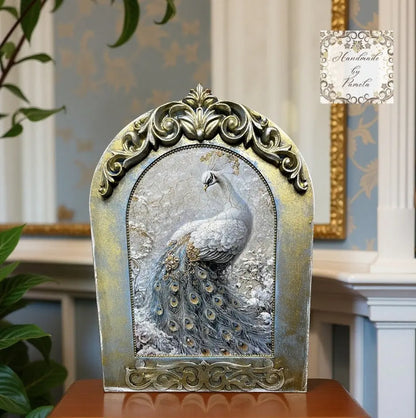 Handcrafted, Decoupage, Mixed Media, Blue Birds or Elegant Peacock, Plaque, Wall Art, Vintage, Shabby Chic Style, 9" x 12.5", Art by Pamela Handmade by Pamela