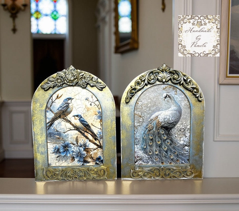 Handcrafted, Decoupage, Mixed Media, Blue Birds or Elegant Peacock, Plaque, Wall Art, Vintage, Shabby Chic Style, 9" x 12.5", Art by Pamela