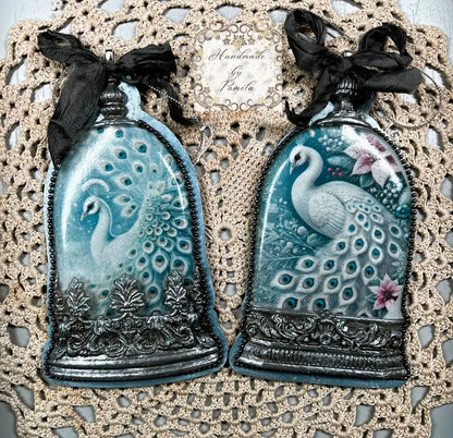 Handcrafted, Laser Cut MDF, Decoupage Cloche Resin Casted Ornament Sets, Birds, Peacock, Holy Family Handmade by Pamela