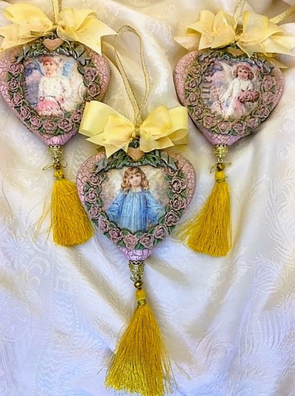 Handcrafted Shabby Chic Vintage Style Christmas Angel Heart Christmas Ornaments, Nostalgic Holiday Pink Angel Decoupage Ornament Set 3 Handmade by Pamela
