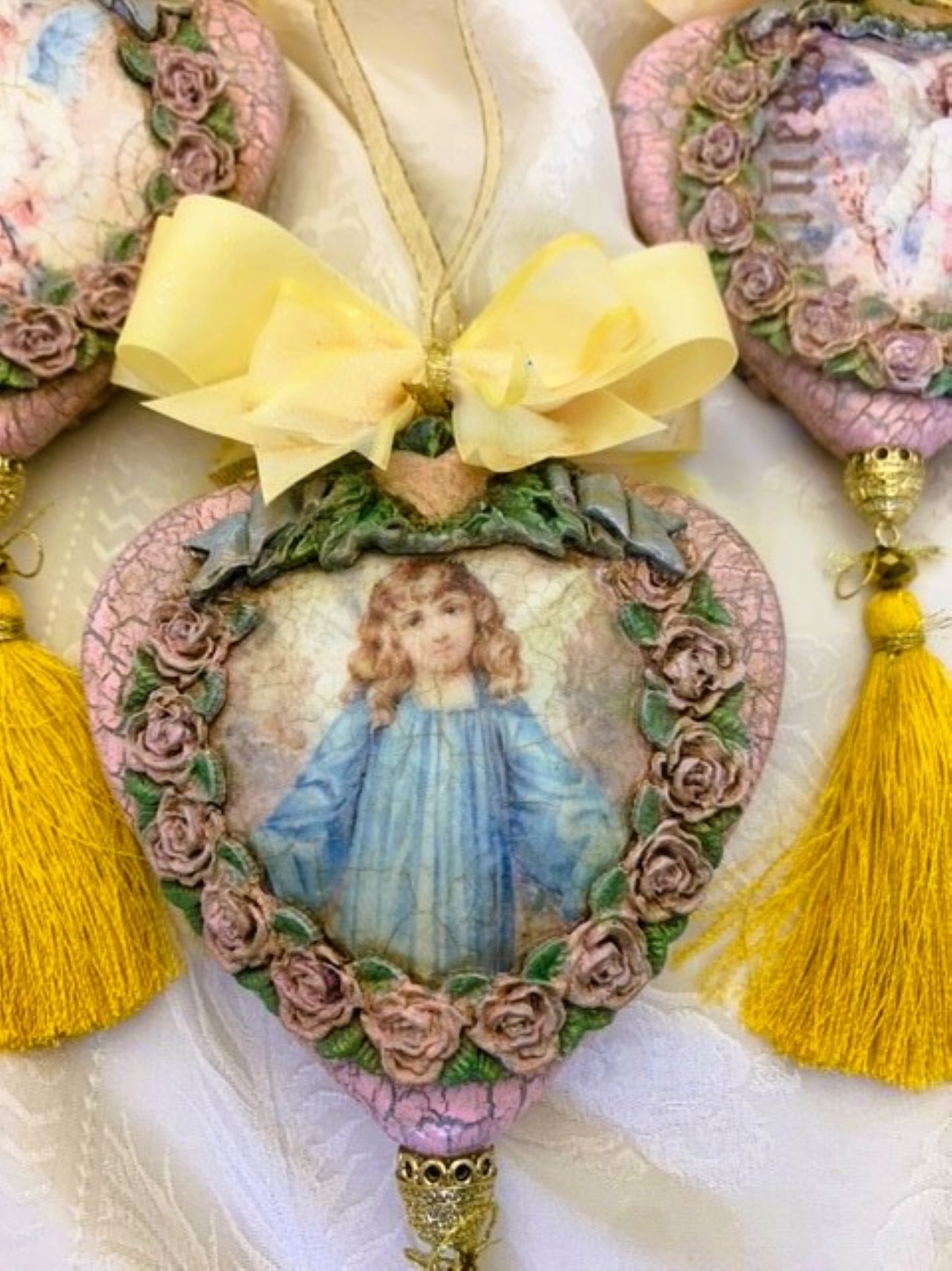 Handcrafted Shabby Chic Vintage Style Christmas Angel Heart Christmas Ornaments, Nostalgic Holiday Pink Angel Decoupage Ornament Set 3