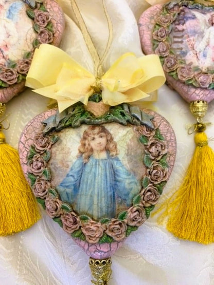 Handcrafted Shabby Chic Vintage Style Christmas Angel Heart Christmas Ornaments, Nostalgic Holiday Pink Angel Decoupage Ornament Set 3 Handmade by Pamela