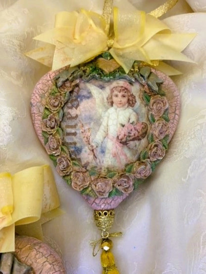 Handcrafted Shabby Chic Vintage Style Christmas Angel Heart Christmas Ornaments, Nostalgic Holiday Pink Angel Decoupage Ornament Set 3 Handmade by Pamela