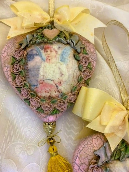 Handcrafted Shabby Chic Vintage Style Christmas Angel Heart Christmas Ornaments, Nostalgic Holiday Pink Angel Decoupage Ornament Set 3 Handmade by Pamela