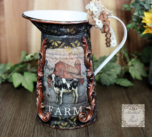 Handcrafted, Country Style, Decorative Pitcher, Decoupage, Mixed Media, Cow, Hen, Kitchen Decor