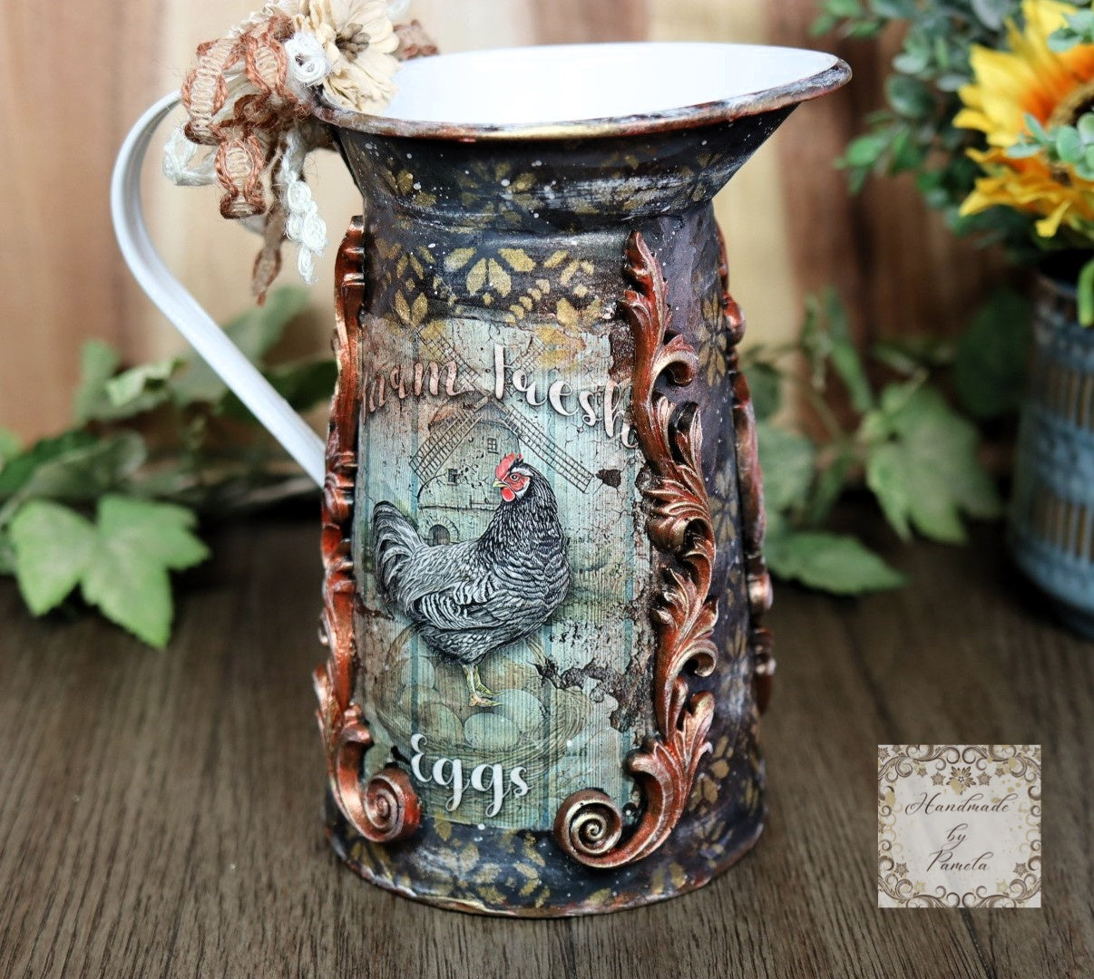 Handcrafted, Country Style, Decorative Pitcher, Decoupage, Mixed Media, Cow, Hen, Kitchen Decor