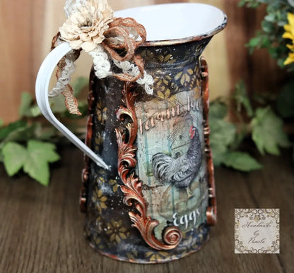Handcrafted, Country Style, Decorative Pitcher, Decoupage, Mixed Media, Cow, Hen, Kitchen Decor Handmade by Pamela