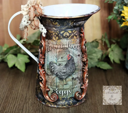 Handcrafted, Country Style, Decorative Pitcher, Decoupage, Mixed Media, Cow, Hen, Kitchen Decor Handmade by Pamela