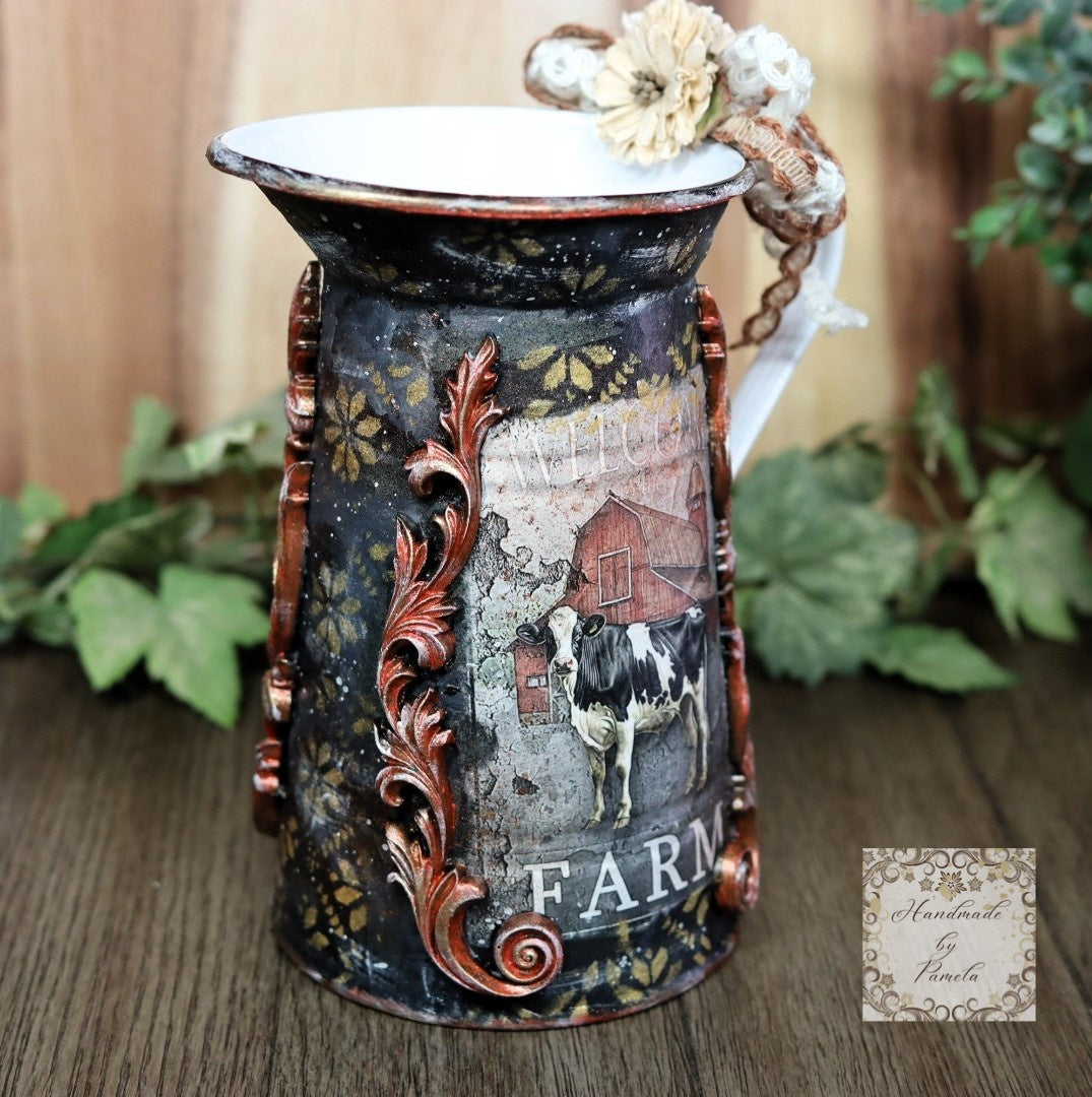 Handcrafted, Country Style, Decorative Pitcher, Decoupage, Mixed Media, Cow, Hen, Kitchen Decor