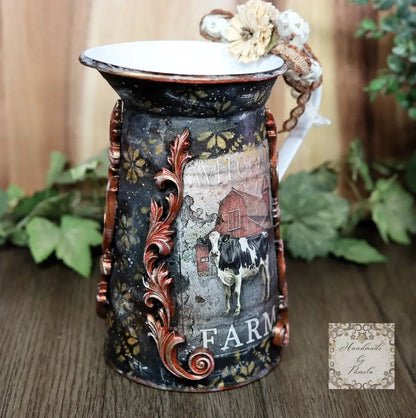 Handcrafted, Country Style, Decorative Pitcher, Decoupage, Mixed Media, Cow, Hen, Kitchen Decor Handmade by Pamela