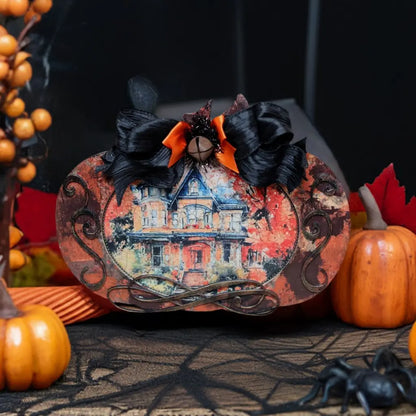 Handcrafted, Shabby Chic, Mixed Media, Decoupage, Pumpkin, Plaque, Haunted House, Halloween, Fall, Decoration, Laser Cut MDF Handmade by Pamela