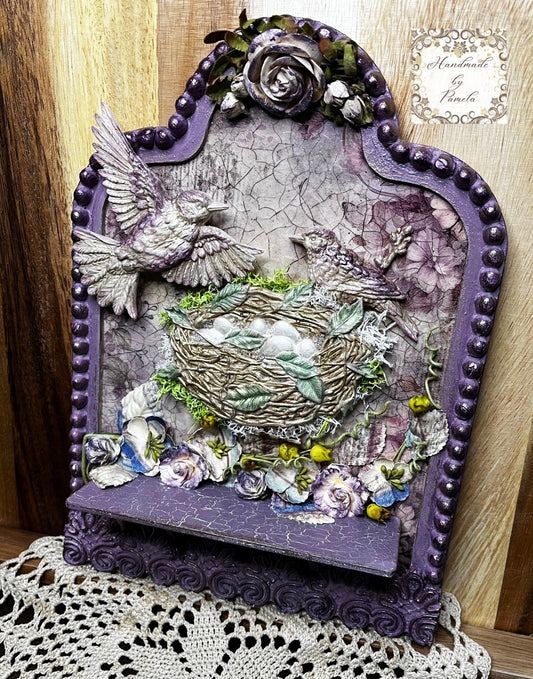 Handcrafted, Decoupage, Mixed Media, Mini Shelf Plaque, Violet, Birds, Nest, Flowers, Wall Art, Home Decor, Shabby Chic, Vintage Style