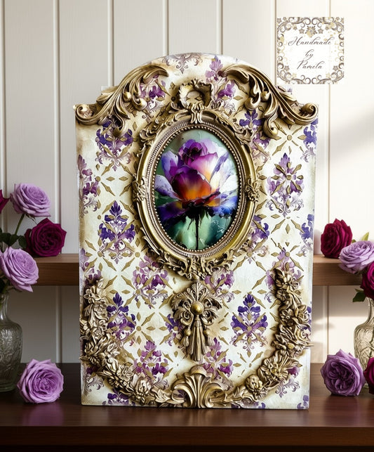 Handcrafted Vintage Style Purple Rose Tabletop Art Plaque, Decoupage, Mixed Media, Home Decor by Pamela, 8"w x 12"h
