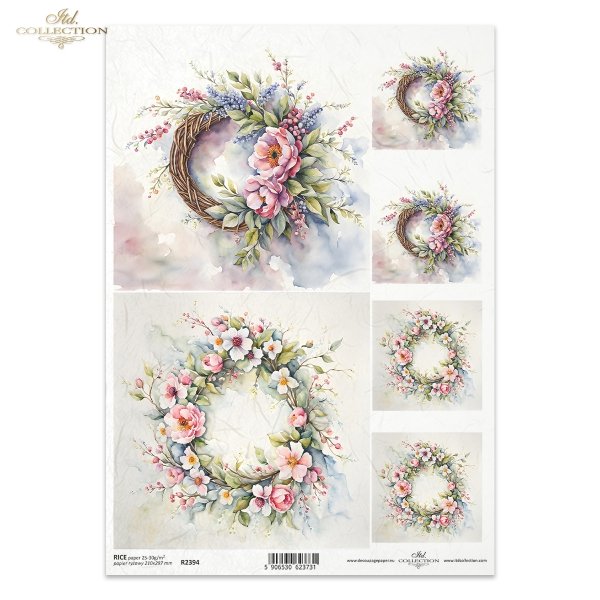 ITD Collection Rice Paper for Decoupage R2394, A4 8.27x11.7 inch, Floral Twig Wreaths, Flowers, Squares, Roses