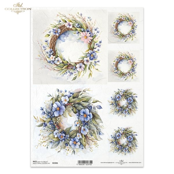 ITD Collection Rice Paper for Decoupage, Floral Twig Wreaths, Flowers, Squares, Wreaths, R2396 A4, 8.27x11.7 inch