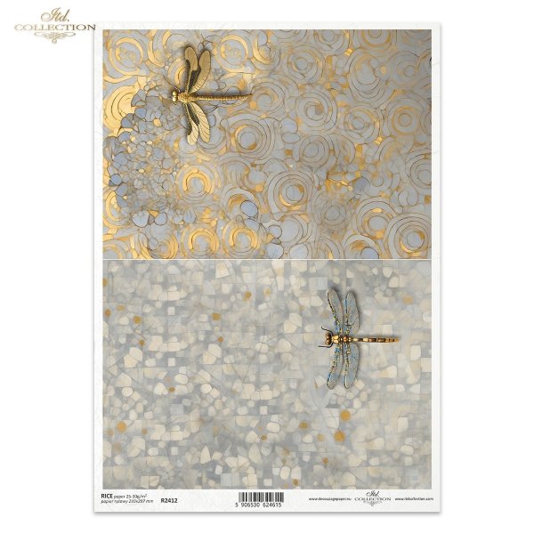 ITD Collection, Rice Paper, Decoupage, Klimt, Art, Gold, Silver, Mosaic, Dragonfly, Dragonflies, Art Nouveau, R2412, A4, 8.27x11.7