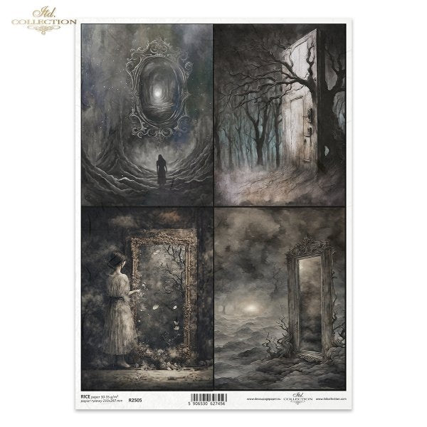 ITD Collection, Rice Paper, Decoupage, Mixed Media, Dark, Haunting, Gothic, Gate, Landscape, Halloween, R2505, A4, 8.27x11.7