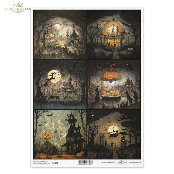 ITD Collection, Rice Paper, Decoupage, Dark, Haunting, Gothic, Characters, Halloween, Squares, Tags, Cards, Fantasy, R2508, A4, 8.27x11.7