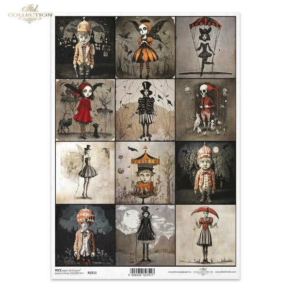 ITD Collection, Rice Pape, Decoupage, Dark, Haunting, Gothic, Characters, Halloween, Squares, Tags, Cards, Fantasy, R2511, A4, 8.27x11.7