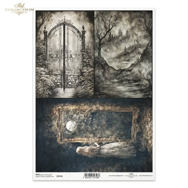 ITD Collection, Rice Paper, Decoupage, Dark, Haunting, Gothic, Gate, Landscape, R2518, A4, 8.27x11.7