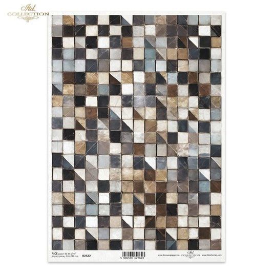 ITD Collection, Rice Pape, Decoupage, Geometric Black, White, Blue, Beige, Tiles, Wallpaper, Squares, R2522, A4, 8.27x11.7