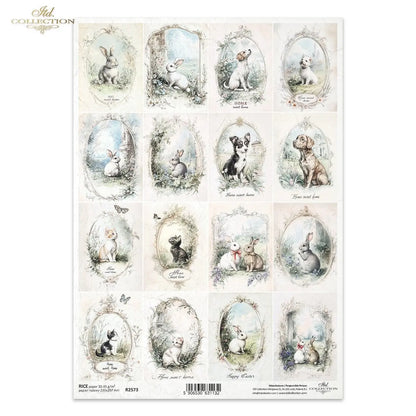 ITD Collection, Rice Paper, Decoupage,  R2573, A4, 8.27x11.7 , Shabby Chic, Vintage Style, Tags, Puppies, Kittens, Bunnies, Mixed Media ITD Collection