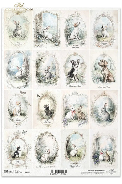 ITD Collection, Rice Paper, Decoupage,  R2573, A4, 8.27x11.7 , Shabby Chic, Vintage Style, Tags, Puppies, Kittens, Bunnies, Mixed Media ITD Collection