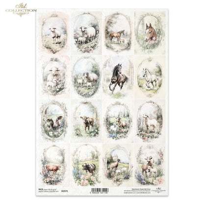 ITD Collection, Rice Paper, Decoupage,  R2575, A4, 8.27x11.7 , Shabby Chic, Vintage Style, Tags, Horses, Cows, Squares, Mixed Media ITD Collection
