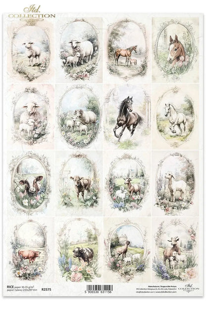 ITD Collection, Rice Paper, Decoupage,  R2575, A4, 8.27x11.7 , Shabby Chic, Vintage Style, Tags, Horses, Cows, Squares, Mixed Media ITD Collection