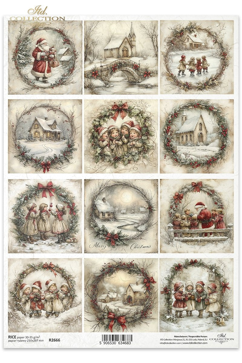 ITD Collection Rice Paper, Christmas Squares, Winter Santa, Wreaths, Decoupage, Mixed Media, Scrapbooking, A4 8.27x11.7, 2.5" squares