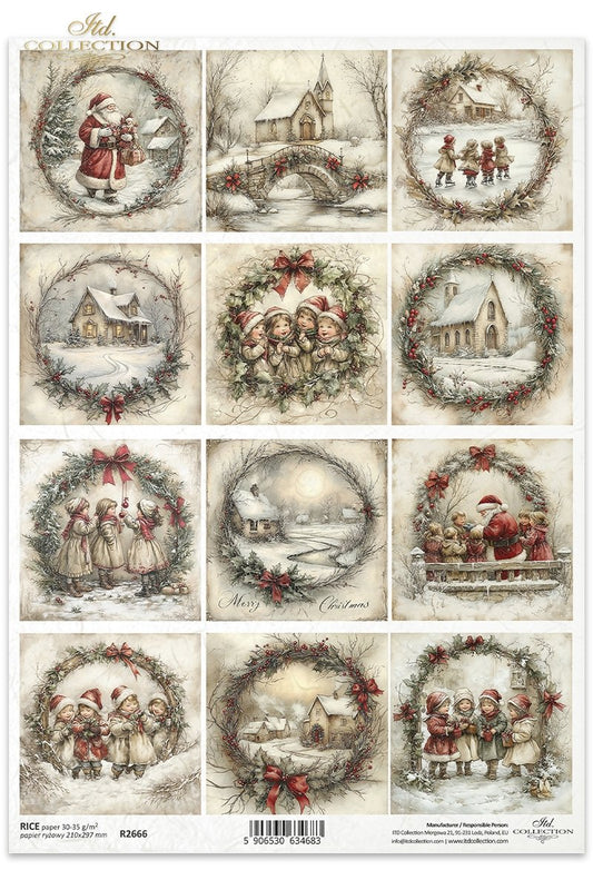 ITD Collection Rice Paper, Christmas Squares, Winter Santa, Wreaths, Decoupage, Mixed Media, Scrapbooking, A4 8.27x11.7, 2.5" squares
