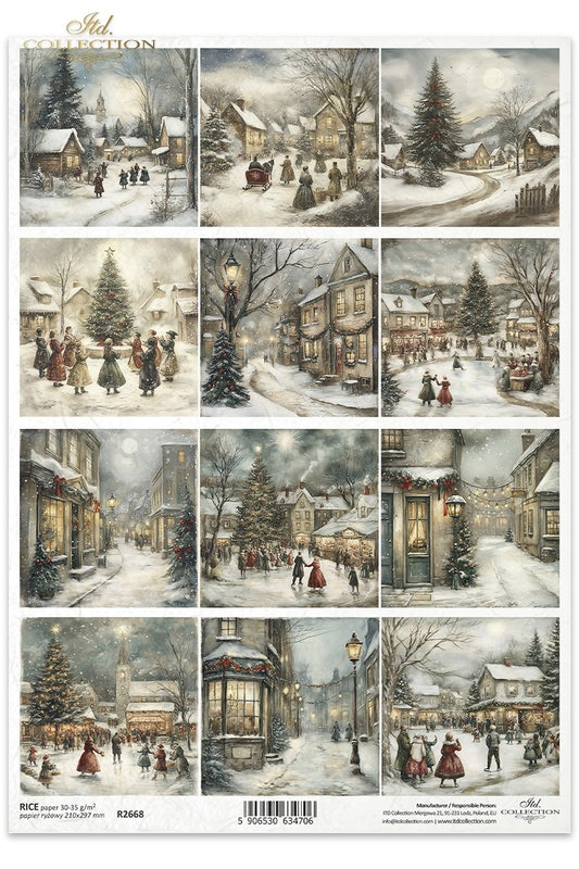 ITD Collection, Rice Paper, Christmas, Squares, Tags, Winter Scenes, Vintage Style, Decoupage, Mixed Media, R2668, A4, 8.27x11.7