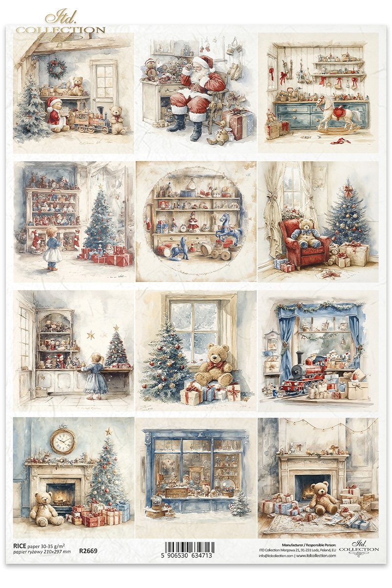 ITD Collection Rice Paper, Christmas, Squares, Tags, Santa, Scenes, Decoupage, Mixed Media, R2669, A4, 8.27x11.7
