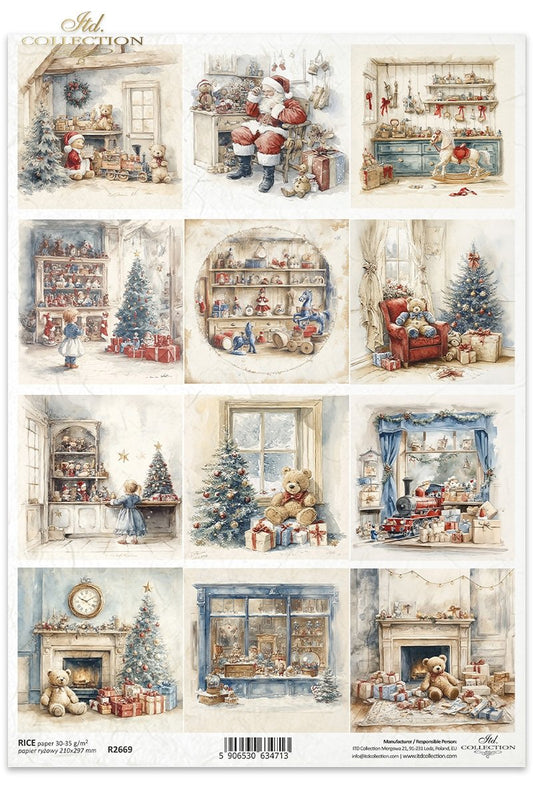 ITD Collection Rice Paper, Christmas, Squares, Tags, Santa, Scenes, Decoupage, Mixed Media, R2669, A4, 8.27x11.7