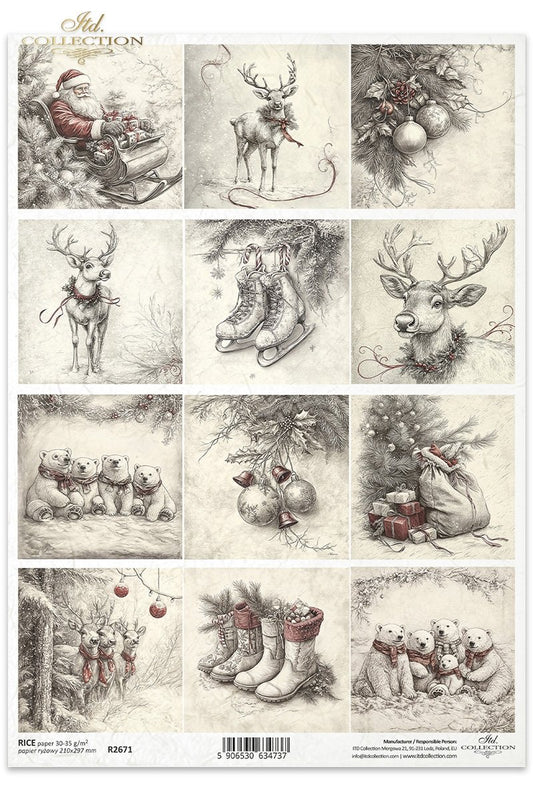 Vintage Christmas Rice Paper | Santa, Reindeer, Bears, Winter Motifs for Decoupage & Crafts | Shabby Chic Holiday Decor | A4 8.27x11.7