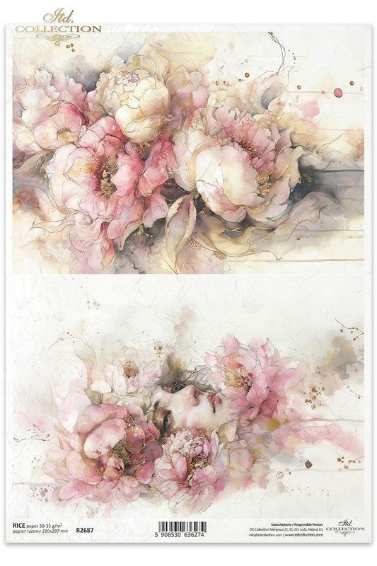 ITD Collection, Rice Paper, Watercolor Florals, Pink, Gold, Pastels, Flowers, Background, Decoupage, Mixed Media, R2687, A4, 8.27x11.7