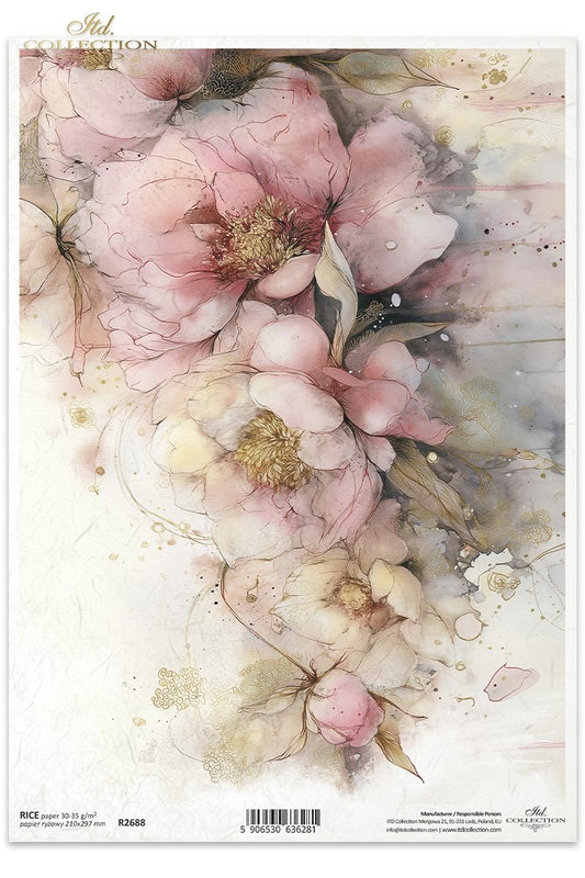ITD Collection, Rice Paper, Watercolor Florals, Pink, Gold, Pastels, Flowers, Background, Decoupage, Mixed Media, R2688, A4, 8.27x11.7