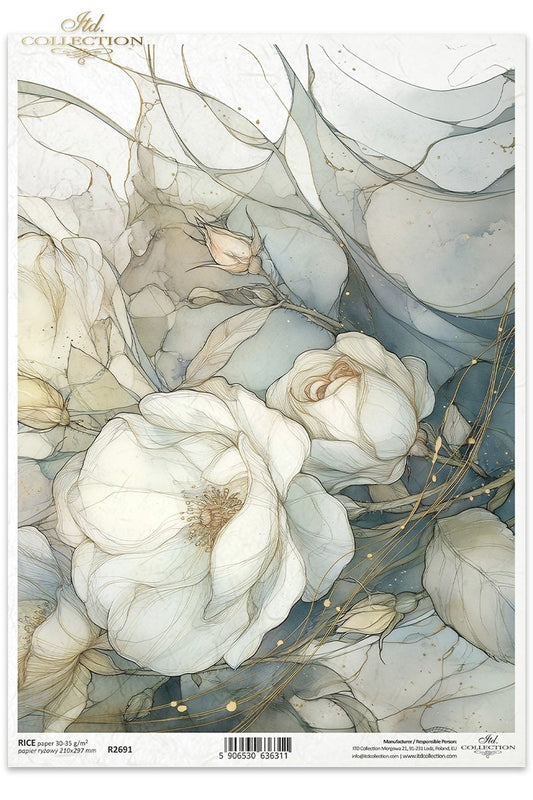 ITD Collection, Rice Paper, Watercolor Florals, Blue, White, Gold, Pastels, Flowers, Decoupage, Mixed Media, R2691, A4, 8.27x11.7