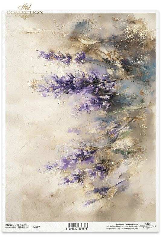 ITD Collection, Rice Paper, Watercolor Florals, Purple, Gold, Pastels, Flowers, Lavender, Decoupage, Mixed Media, R2697, A4, 8.27x11.7