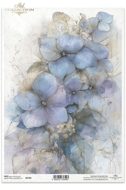 ITD Collection, Rice Paper, Watercolor Florals, Blue, Gold, Pastels, Flowers, Background, Decoupage, Mixed Media, R2700, A4, 8.27x11.7
