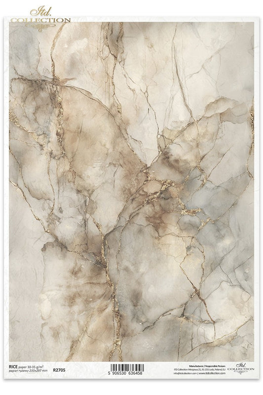 ITD Collection, Rice Paper, Watercolor, Gold, Marble, Background, Wallpaper, Decoupage, Mixed Media, R2705, A4, 8.27x11.7
