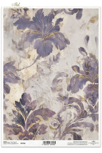 ITD Collection, Rice Paper, Watercolor Florals, Purple, Gold, Pastels, Flowers, Background, Decoupage, Mixed Media, R2706, A4, 8.27x11.7 ITD Collection