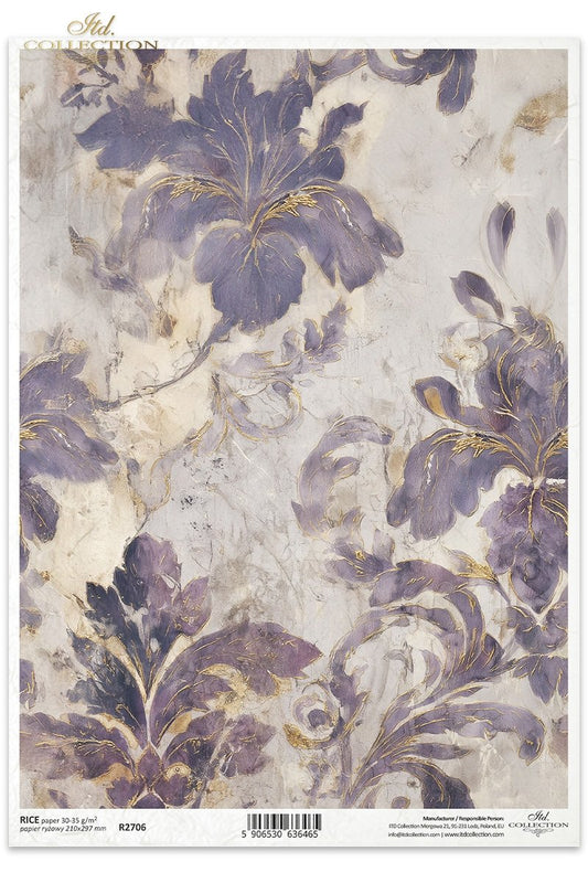ITD Collection, Rice Paper, Watercolor Florals, Purple, Gold, Pastels, Flowers, Background, Decoupage, Mixed Media, R2706, A4, 8.27x11.7