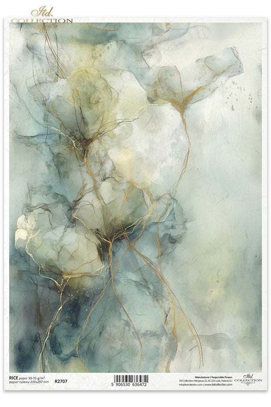 ITD Collection, Rice Paper, Watercolor Florals, Blue, Green, Gold, Pastels, Flowers, Decoupage, Mixed Media, R2707, A4, 8.27x11.7